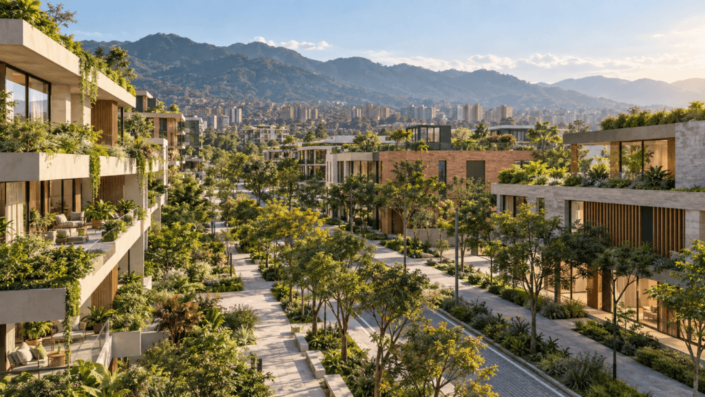 Imagen conceptual generada con IA de un barrio urbano sostenible con áreas verdes.