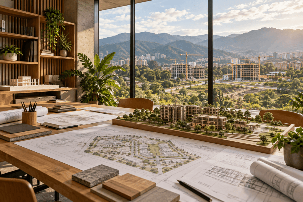 Imagen conceptual generada con IA de un estudio de arquitectura y un desarrollo urbano sostenible.